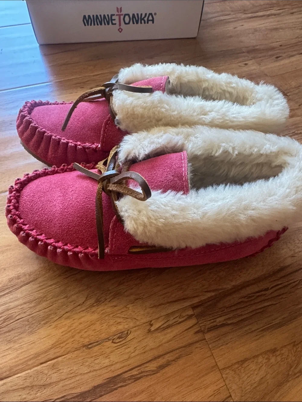 Minnetonka Pink Suede Moccasins with Cream Faux Fur Trim for Kids